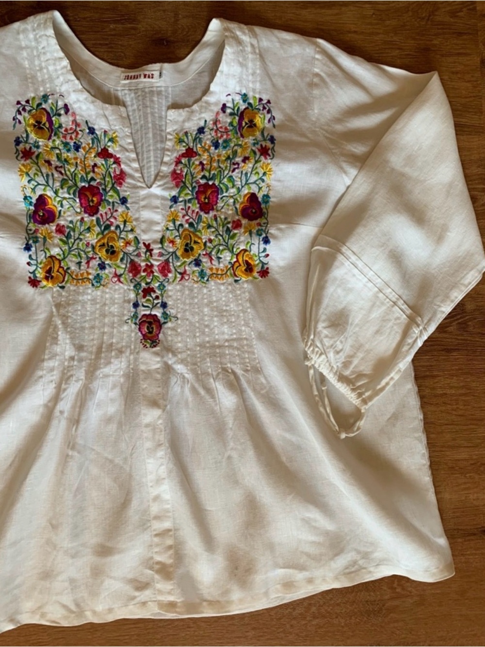 Johnny Was Linen 1X White Floral Embroidered V Neck Boho Tunic Top Arm Ties